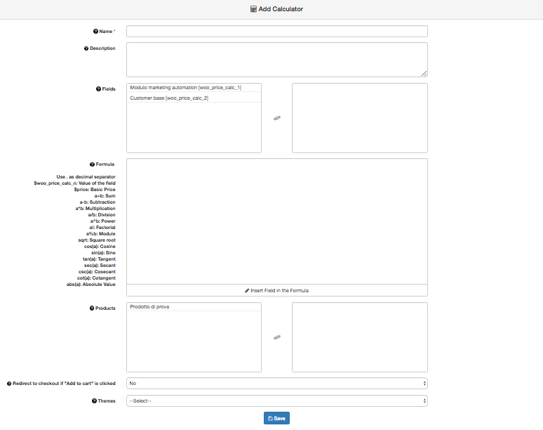Image of the form to be filled while setting up a new calculator